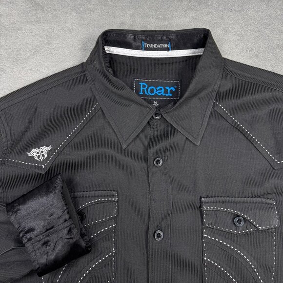 ROAR Parallel Shirt Signature Mens Flip Cuffs Pinstriped Long Sleeve Shirt Black - Picture 1 of 11